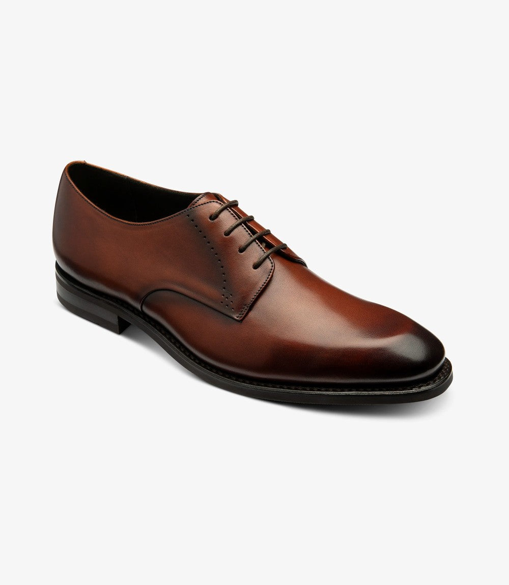 This angle provides a dynamic perspective of one shoe, highlighting the sophisticated design and the slight curve of the toe. The rich leather and polished finish are complemented by the precise brogue detailing along the edges. The rubber sole is visible, emphasizing its sturdy construction and style.