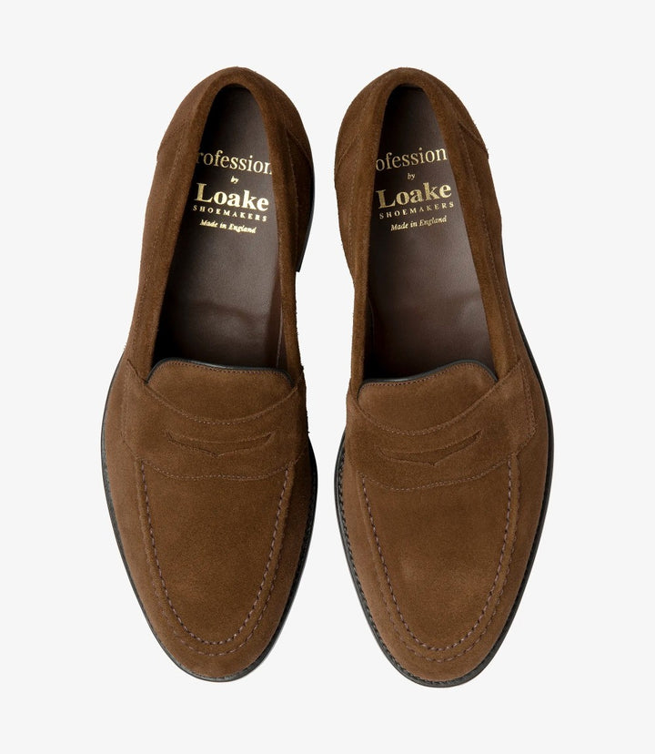 LOAKE IMPERIAL BROWN SUEDE LOAFER SLIP ON RUBBER SOLE G-WIDE