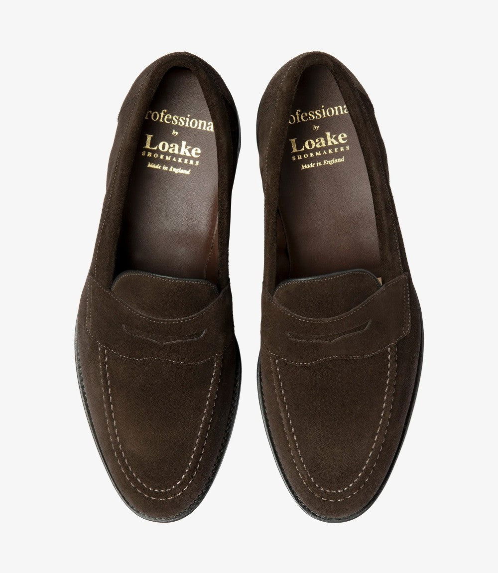 LOAKE IMPERIAL DARK BROWN SUEDE LOAFER SLIP ON RUBBER SOLE G-WIDE