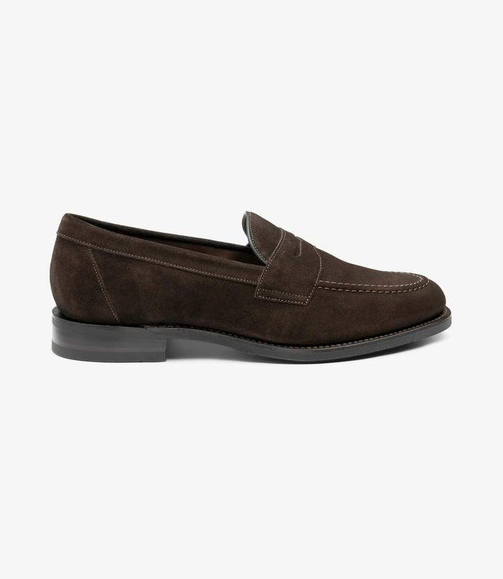 LOAKE IMPERIAL DARK BROWN SUEDE LOAFER SLIP ON RUBBER SOLE G-WIDE