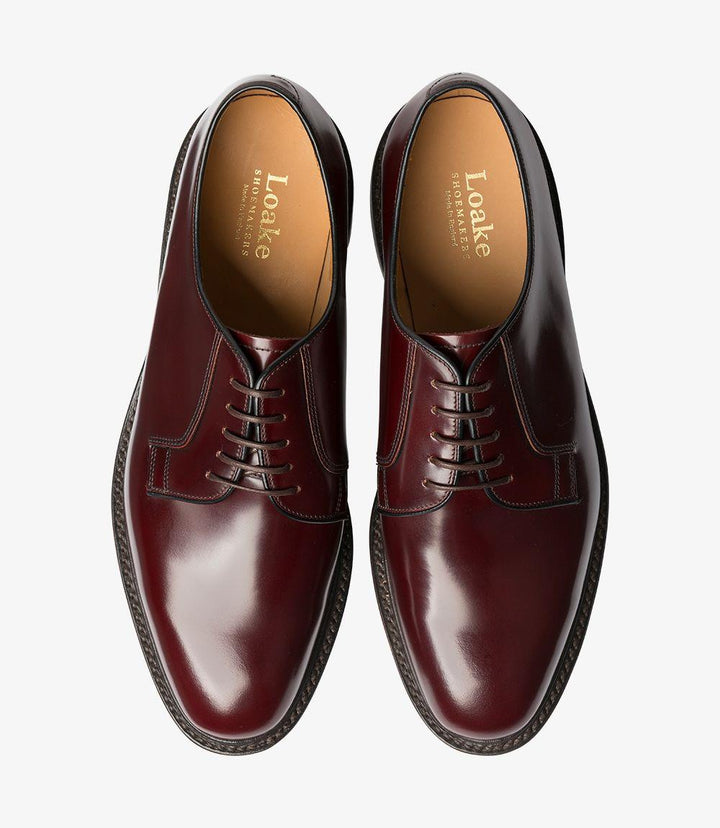 Both shoes are positioned side by side and viewed from above, showcasing the sleek, streamlined design. The plain front of the Derby construction and the refined lacing area add to the minimalistic yet elegant appearance. The rich burgundy leather surface appears smooth and polished.