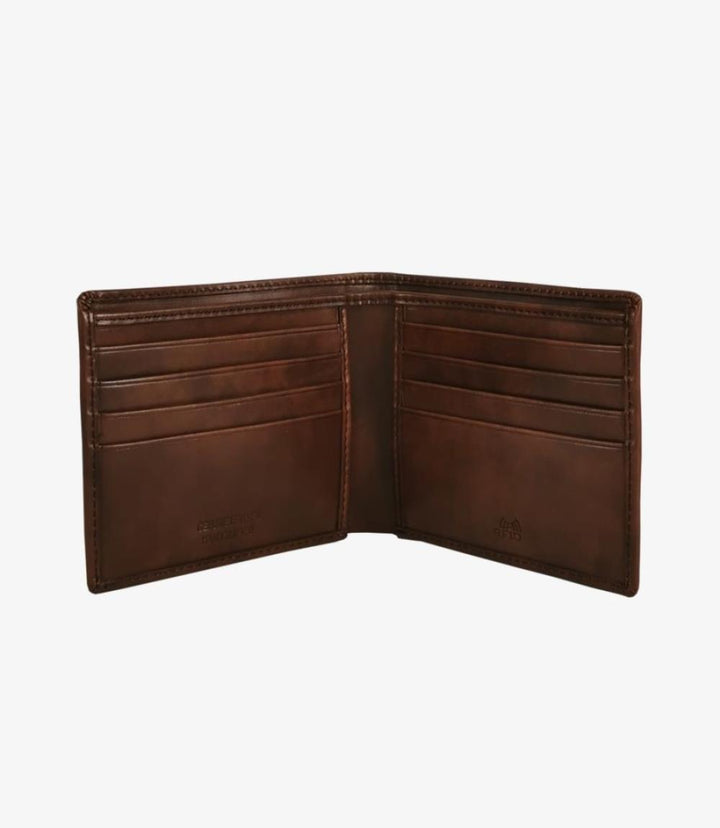 The Loake Export Brown Wallet is displayed open, revealing the neatly arranged interior. Multiple card slots line each side, with space for up to 8 cards, and a full-length notes section runs along the back, providing ample room for bills. The inner lining maintains a sleek, clean design that reflects the quality craftsmanship.