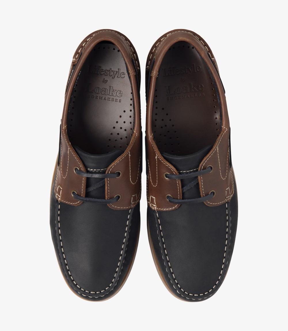 LOAKE LYMINGTON NAVY-BROWN BOAT SHOE RUBBER SOLE F-MEDIUM